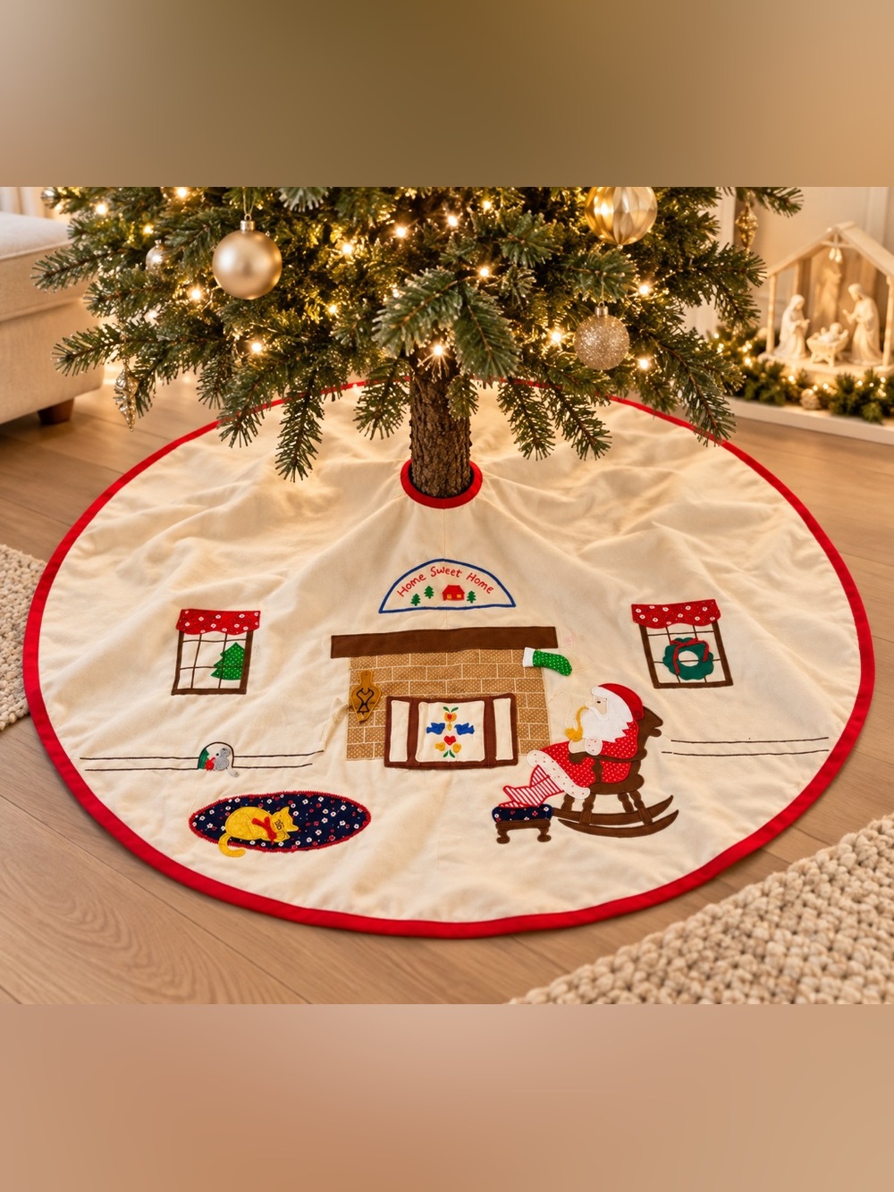 Festive Cream and Red 'Home Sweet Home' Santa Tree Skirt